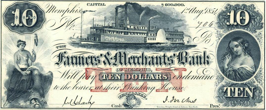 CurrencyFarmersMerchantsBankOfMemphis10Dollars1stAugust1854