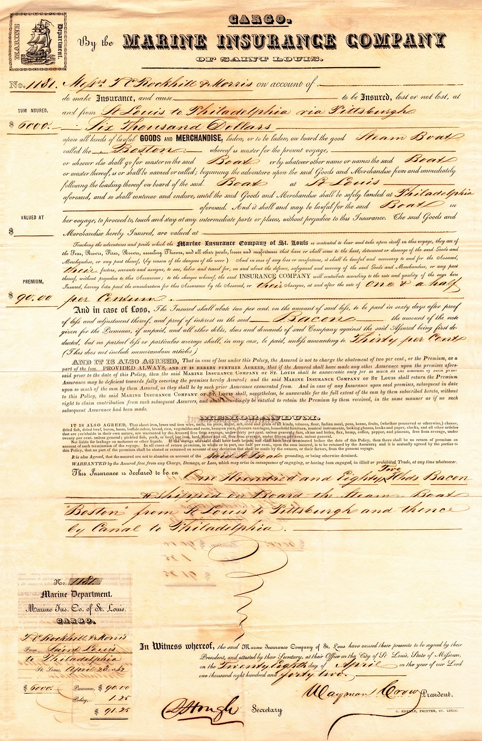 MarineInsurance28April1842DocumentWithDetailOfReceiptForNORI