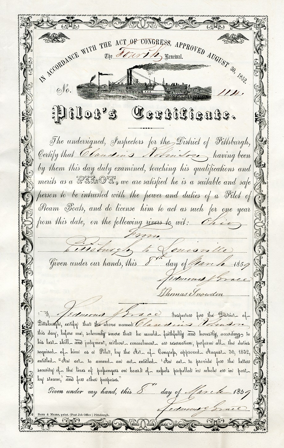 PilotsCertificateClaudiusRobinson8March1859ForNORI