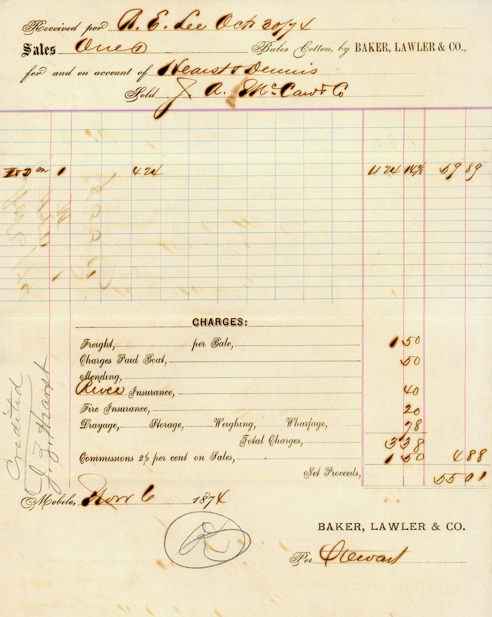 RobtELee1BaleCotton30October1874BakerLawlerCoForNORI