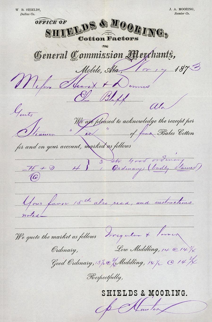 RobtELeeCottonReceipt17November1873MobileForNORI