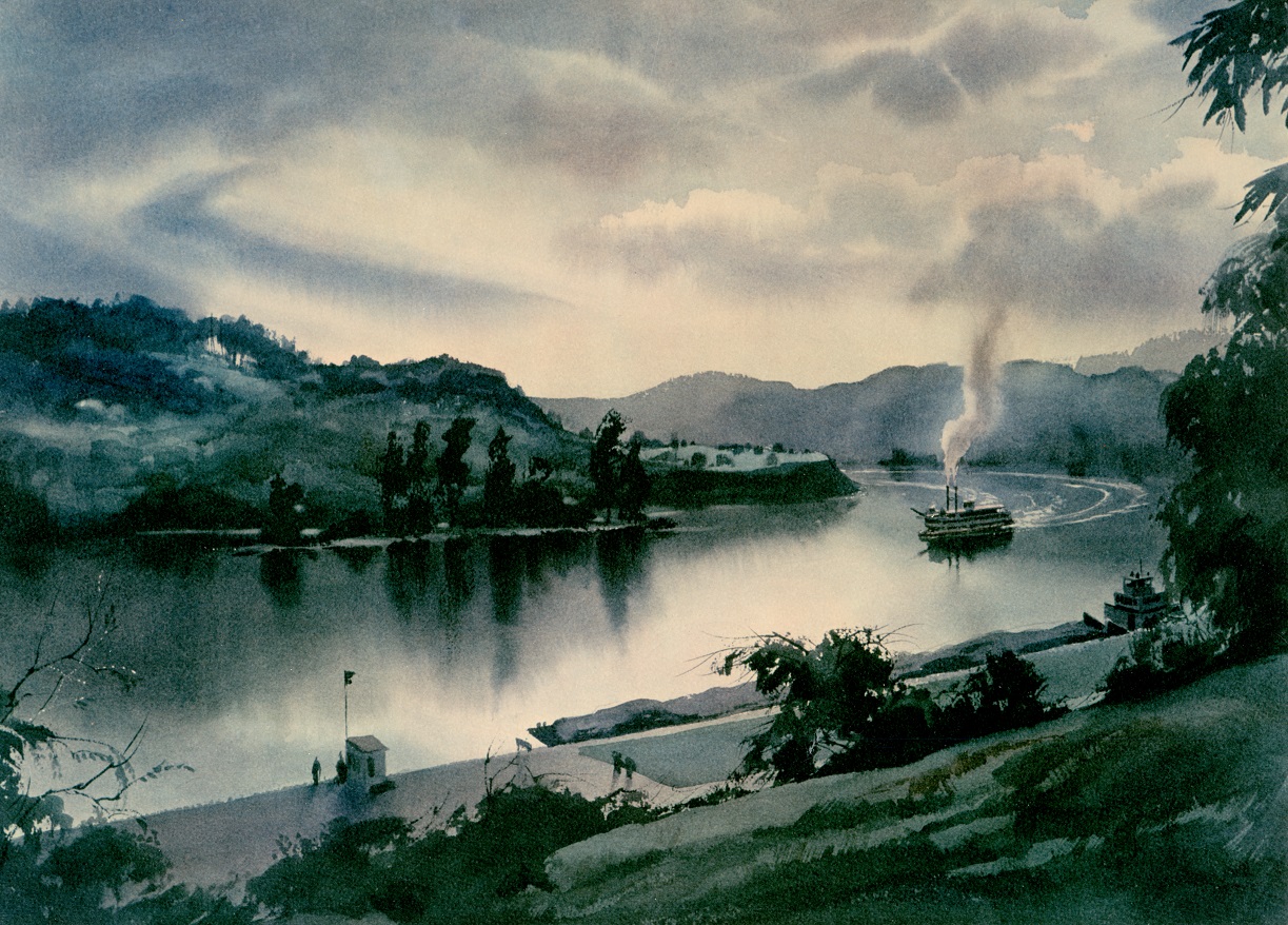 WatercolorJohnPikeEveningSkyLock44OhioRiverForNORI