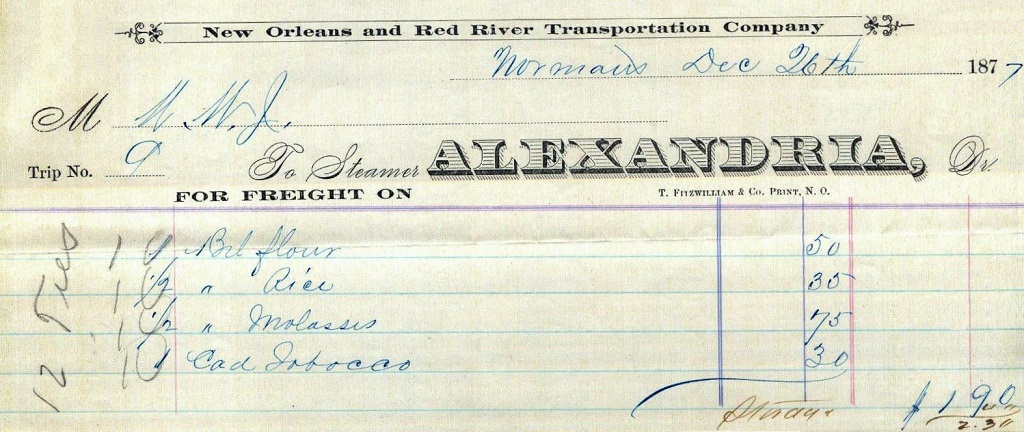 WaybillALEXANDRIA26Dec1877NewOrleansRedRiverForNORI